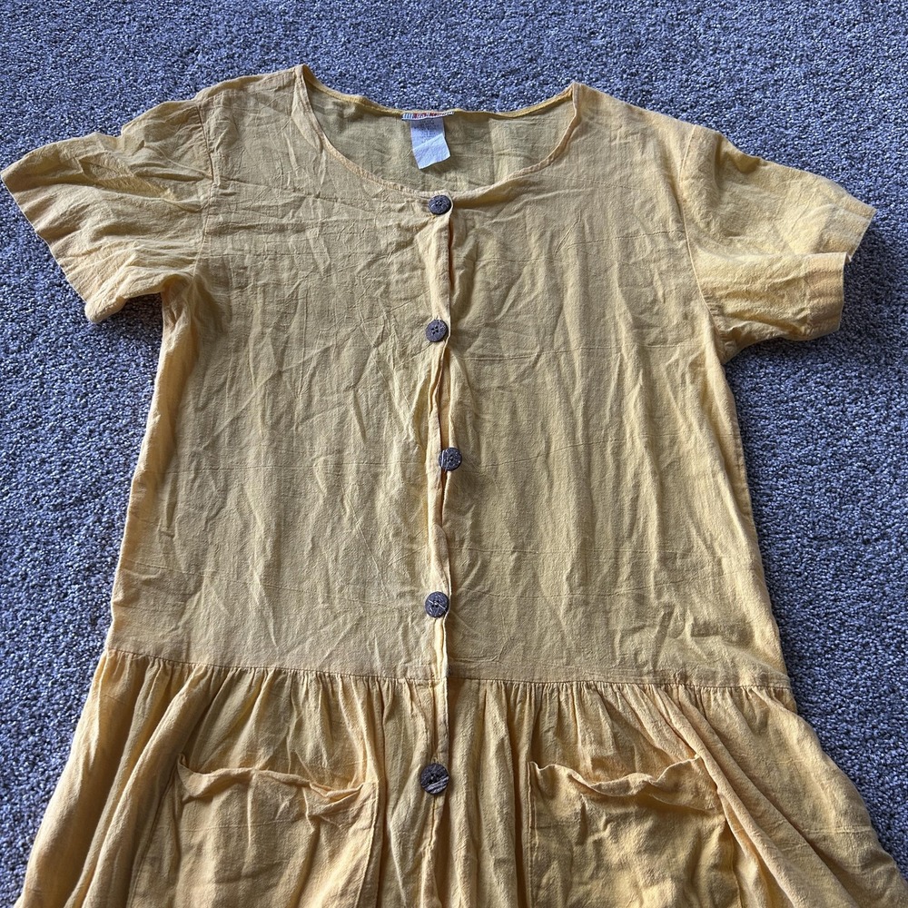 Vintage FADS Dress Womens M Yellow Short Sleeve Button Front Midi Sundress